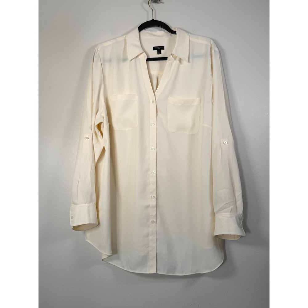 Talbots Blouse Womens 2X Button-Down Cream Roll-Tab Sleeve Tunic EUC